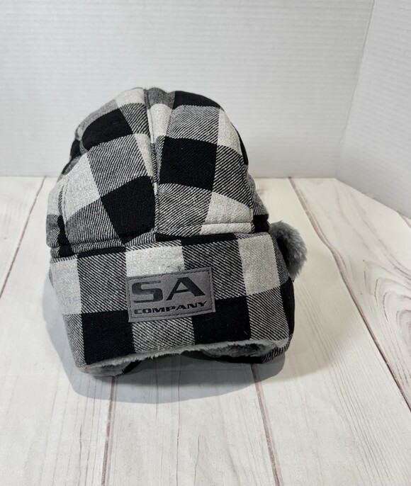 SA Company Trapper Hat Bomber Fleece Lined Buffalo Plaid Black Grey One Size - Picture 4 of 8